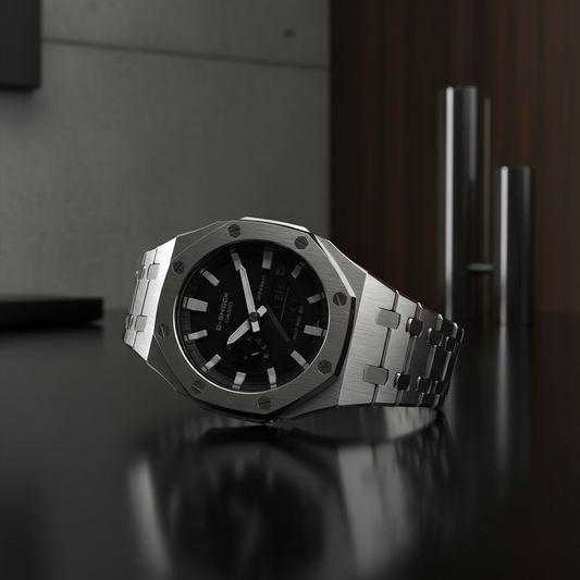 Custom G Shock Watch - Stainless Steel Strap - Casioak Mod Black Dial